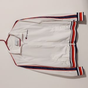 Champion Jacket Women Large White Zipper Collared Sleeves Cuffs Red Blue Stripes